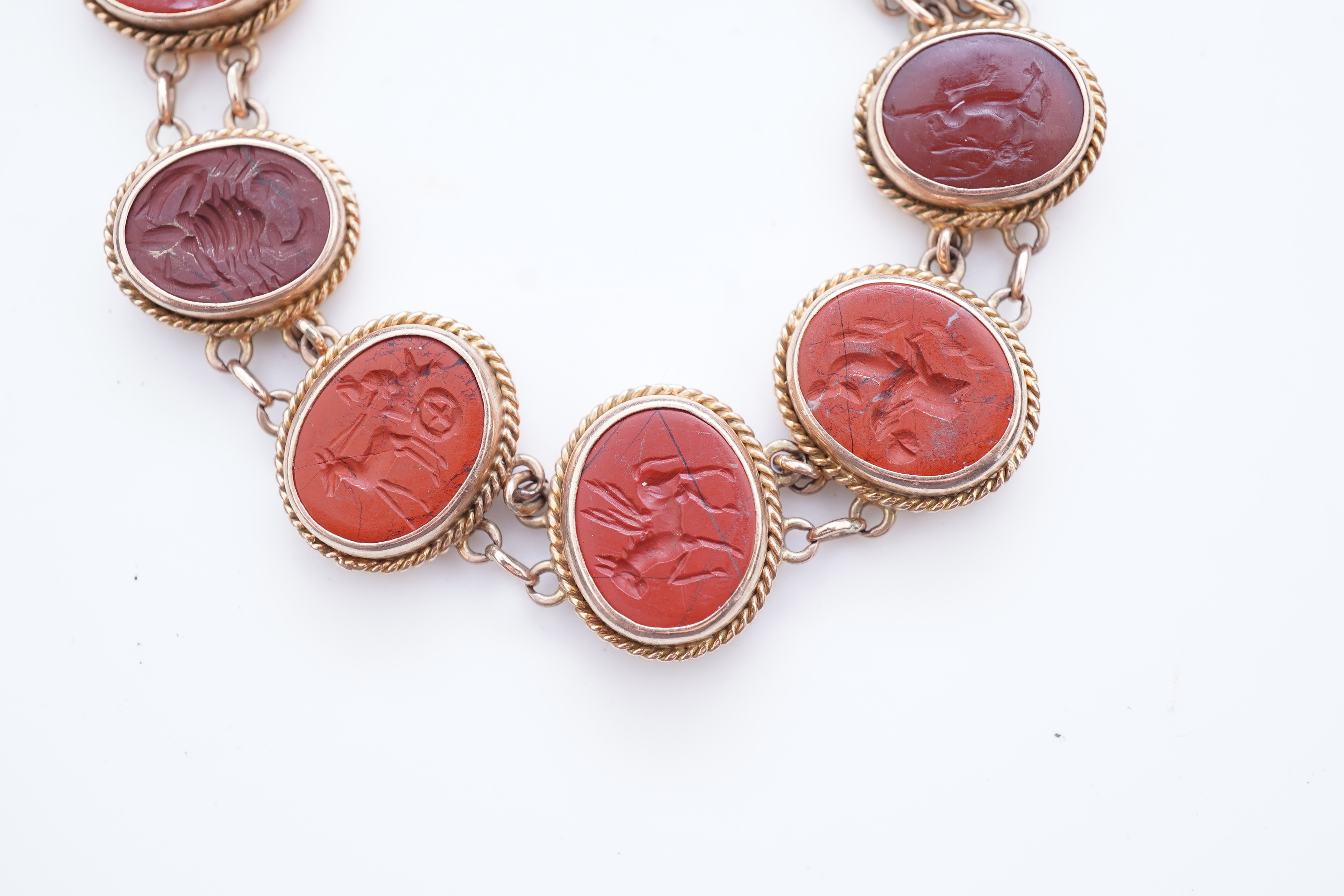 A carnelian and jasper intaglio bracelet, late 19th/early 20th century